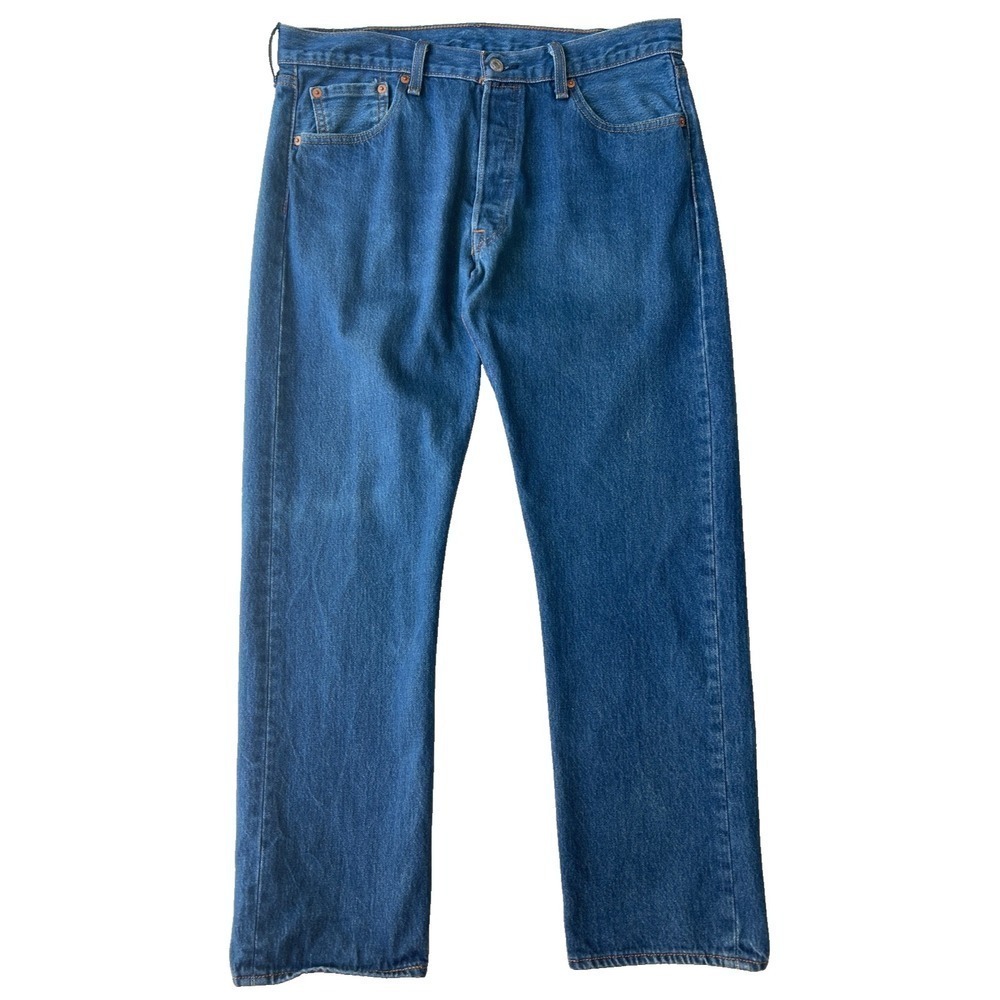 Levis 501 Jeans Mens 34x29 Blue Medium Wash Straight Button Fly 36x32 Distressed